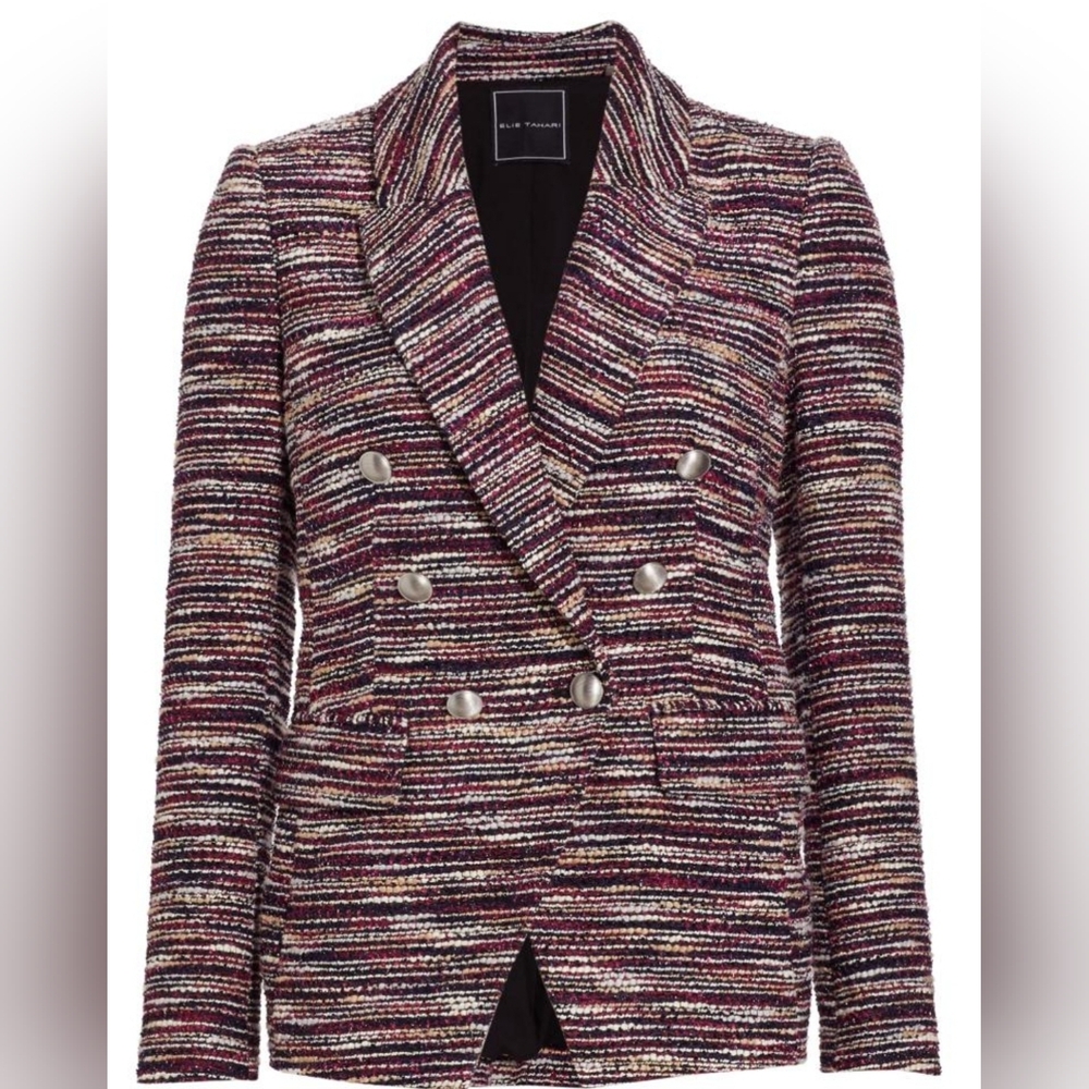 Elie Tahari Holiday Multicolor Striped Double-Breasted Blazer, Size 14, NWT